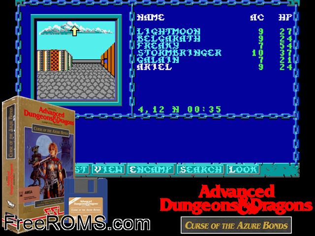 Curse of the Azure Bonds Amiga game showing 3D box cover and gameplay screenshot
